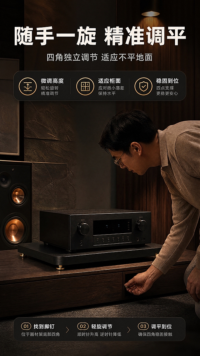 [商品] 使用【图3】同款器材架：深色木纹台面、四角金色纯铜脚钉、黑色防滑垫；器材架上已放置功放，产品颜色与结构不变。
[画面] 真人操作型：一位亚洲成年人站在客厅器材架旁，身体微微前倾，伸手轻旋金色脚钉进行高度调节，动作自然专注；人物与产品同框，产品约占画面55%，真实客厅影音场景，暖色射灯与音箱入镜。
[视觉] 套系策略：风格=黑金轻奢Hi-Fi影音商业摄影；标题字=现代无衬线粗黑体；正文字=简洁无衬线黑体；主色=深胡桃暖黑；背景延展=暖黑胡桃木纹与深炭灰渐变、木纹加哑光石材层级；强调色=香槟金，仅用于小面积图标、细引线、标签、编号与局部光效；标题色=暖白；正文色=浅暖灰；组件=圆角深色信息卡、金色细线引线、编号胶囊、步骤条；光影=左侧暖柔光加顶部轮廓光，影音室氛围。
[文字] 主标题“随手一旋 精准调平”，副标题“四角独立调节 适应不平地面”；信息点“微调高度”“适应柜面”“稳固到位”，全部横向排版。
[规格] 图片比例9:16竖版，分辨率4K；避免变形、错字、文字过小、竖排或旋转文字、冷蓝或蓝灰背景、商品颜色改变、手部异常、缺角钉或防滑垫。