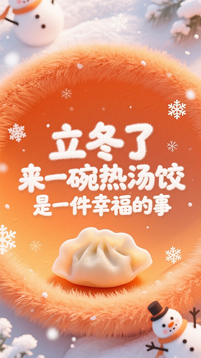 软3D风格，毛发生长质感碗边，拟人雪人点缀，卡通汤饺萌趣十足，冬日温馨梦幻感满溢，传递立冬暖意。