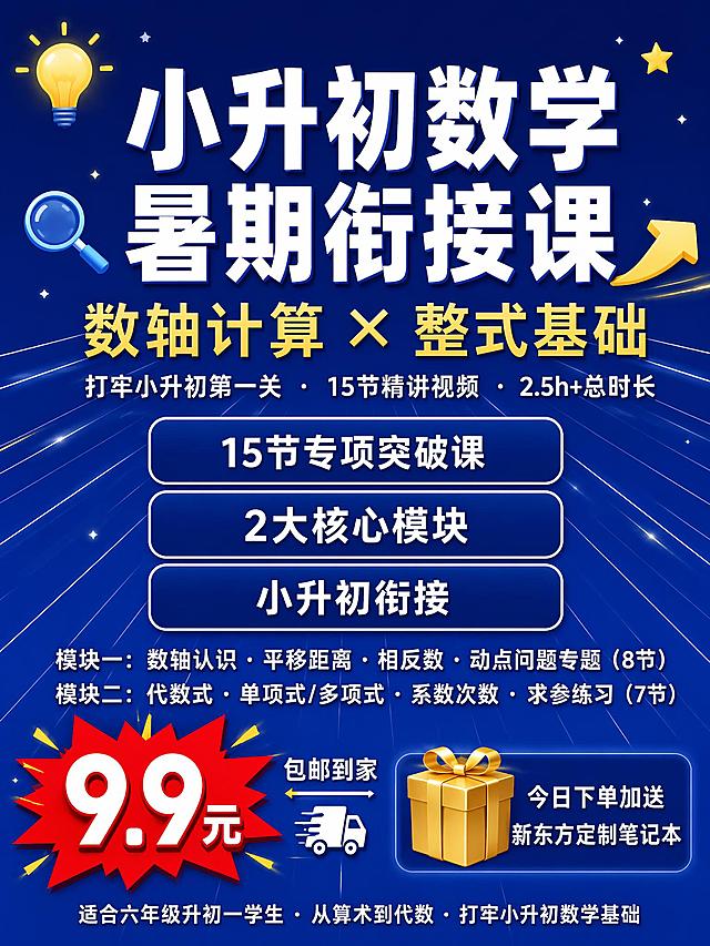 基于参考图的设计风格和内容，重新制作一张3:4竖版课程招生海报。保留深蓝渐变背景、白色放射线条、灯泡放大镜星星箭头等装饰元素，整体蓝色科技教育风格不变。将版式调整为竖版结构，从上到下依次排布：

1. 顶部主标题区：超大白色粗体「小升初数学暑期衔接课」，下方金色副标题「数轴计算 × 整式基础」，再下方白色小字「打牢小升初第一关 · 15节精讲视频 · 2.5h+总时长」

2. 三个圆角深蓝色按钮标签（白色描边）竖排或2+1排列：「15节专项突破课」「2大核心模块」「小升初衔接」

3. 课程内容模块白色文字：
模块一：数轴认识 · 平移距离 · 相反数 · 动点问题专题（8节）
模块二：代数式 · 单项式/多项式 · 系数次数 · 求参练习（7节）

4. 价格促销区醒目突出：左侧大号红色爆炸贴「9.9元」白色大字，旁边「包邮到家」+ 小货车图标；右侧金色礼盒 + 「今日下单加送新东方定制笔记本」

5. 底部白色小字：「适合六年级升初一学生 · 从算术到代数 · 打牢小升初数学基础」

【重要】画面中不要放二维码，不要有任何二维码占位区域

【数字精确约束】画面中所有数字必须精确渲染：「9.9元」「15节」「8节」「7节」「2.5h+」，不得错位、遗漏或编造

【内容填充约束】所有信息区域必须填充完整，不得有空白框或占位