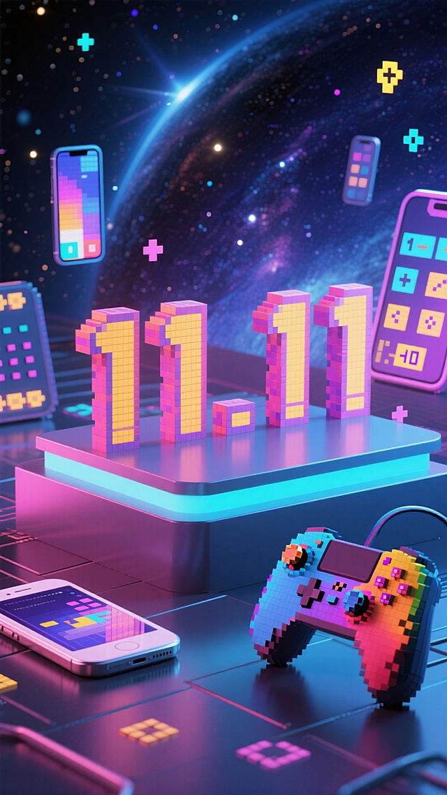 高饱和游戏像素风立体字 “11.11”单排置于展台上，周围环绕手机、宇宙、游戏机等像素符号