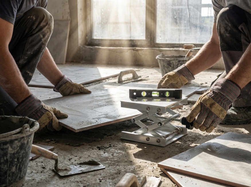 工地现场特写，两名戴着泥瓦工手套的建筑工人在进行室内地砖或大型预制铁板安装。其中一人正跪在一个坚固的微型手动升降台旁，用手旋转侧面的黑色橡胶微调旋钮，升降台上放置着一个水平仪，气泡正被精确调整至中央。预览效果