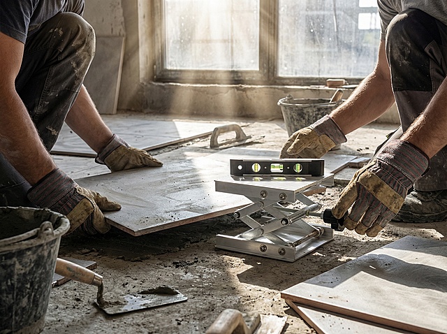 工地现场特写，两名戴着泥瓦工手套的建筑工人在进行室内地砖或大型预制铁板安装。其中一人正跪在一个坚固的微型手动升降台旁，用手旋转侧面的黑色橡胶微调旋钮，升降台上放置着一个水平仪，气泡正被精确调整至中央。周围是粗糙的水泥地面、散落的瓷砖、灰浆桶和抹子。光线从附近的窗户斜射进来，形成强烈的明暗对比和灰尘光束。照片级真实感，细节丰富，如工人指甲里的灰泥、金属工具上的磨损痕迹 比例4:3