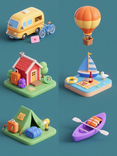 6个风格统一的3D卡通旅游元素场景在纯色背景上规整排布，每个场景均采用圆润可爱的Q版造型、细腻的材质表现和柔和均匀的光影，色彩方案整体协调且各场景有独特主色调区分。第一个场景是黄色露营车配橙色行李箱、蓝色自行车和粉色信封，第二个场景是红色小木屋旁有紫色登山包和绿色指南针，第三个场景是蓝色帆船周围有黄色救生圈和白色海鸥，第四个场景是橙色热气球下方悬挂着棕色野餐篮和红色葡萄酒瓶，第五个场景是绿色帐……预览效果