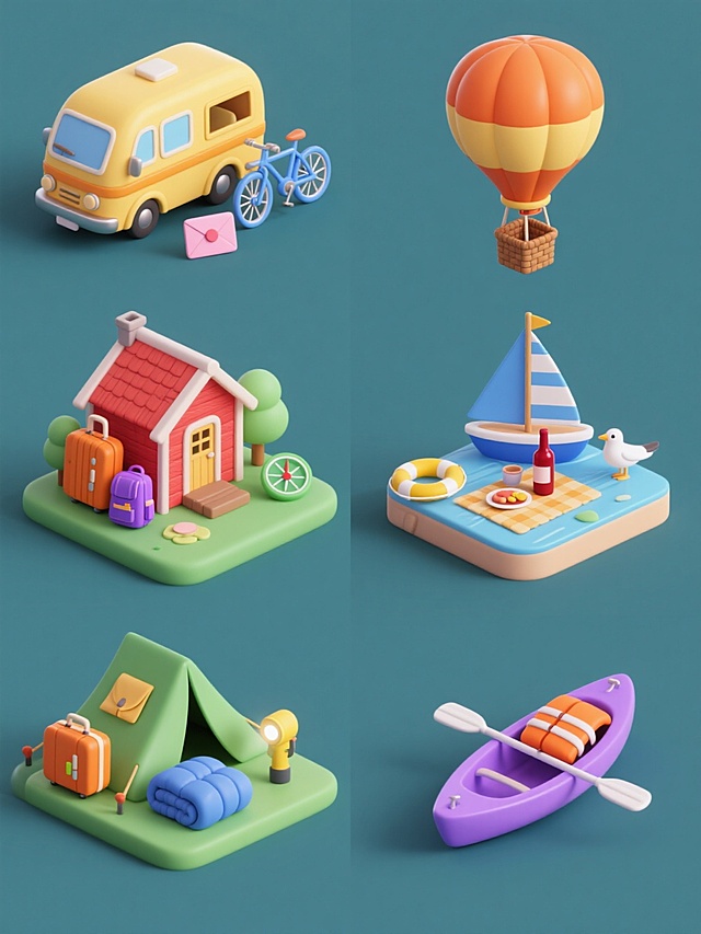 6个风格统一的3D卡通旅游元素场景在纯色背景上规整排布，每个场景均采用圆润可爱的Q版造型、细腻的材质表现和柔和均匀的光影，色彩方案整体协调且各场景有独特主色调区分。第一个场景是黄色露营车配橙色行李箱、蓝色自行车和粉色信封，第二个场景是红色小木屋旁有紫色登山包和绿色指南针，第三个场景是蓝色帆船周围有黄色救生圈和白色海鸥，第四个场景是橙色热气球下方悬挂着棕色野餐篮和红色葡萄酒瓶，第五个场景是绿色帐篷旁摆放着蓝色睡袋和黄色手电筒，第六个场景是紫色皮划艇旁边有橙色救生衣和白色船桨，所有元素边缘光滑无棱角，呈现出温馨治愈的旅行氛围，无任何文字、logo或水印。