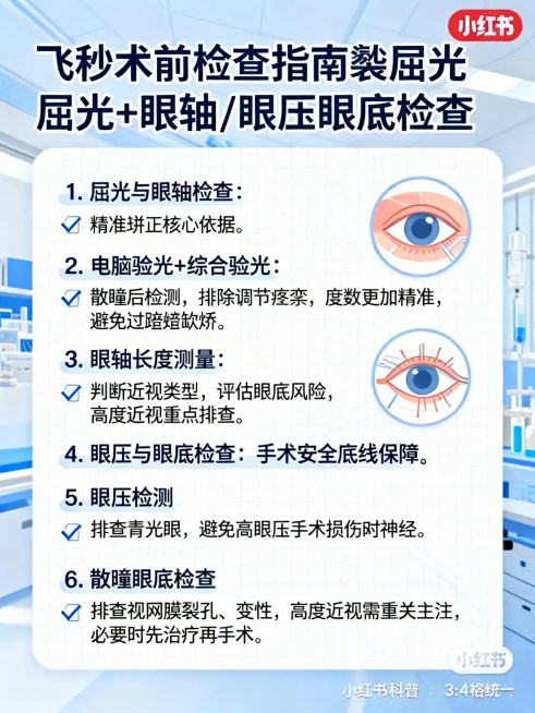 小红书科普图文，3:4比例，医疗清新风格，蓝白配色，和上一页风格统一，标题：飞秒术前检查指南📝屈光+眼轴/眼压眼底检查，内容板块：1. 屈光与眼轴检查：精准矫正核心依据；2. 电脑验光+综合验光：散预览效果