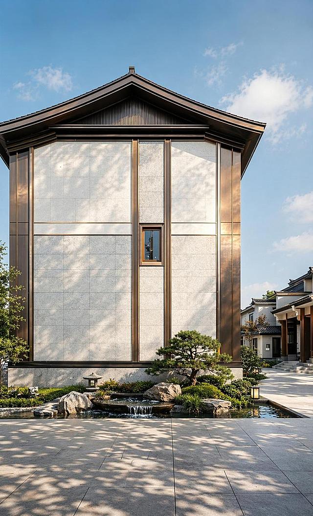 基于参考图进行重绘优化：1. 渲染真实自然的日光效果，阳光从侧上方照射，建筑与景观形成柔和清晰的光影层次，树影斑驳自然；2. 适当缩小景观范围，让建筑主体更加突出，景观区域更紧凑精致；3. 景观布置更加精致考究，植物层次丰富搭配协调，置石摆放自然有禅意，水景设计细腻；4. 水面质感清澈真实，有自然的波纹和光影反射，树木叶片纹理细腻自然，石头材质纹理真实有质感；5. 建筑各材质细节精致丰富，石材墙面纹理清晰真实，金属收边有细腻的金属光泽和质感，木作部分纹理自然，屋顶瓦片细节精致；6. 整体达到大师级建筑效果图水准，超写实摄影风格，画面通透，光影高级，细节丰富，质感真实，构图专业，具有顶级建筑摄影作品的艺术感和品质感