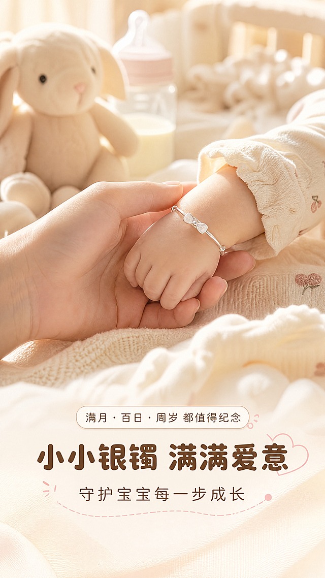 [商品] 使用【图2】蝴蝶结款宝宝银手镯；保留产品结构、材质、蝴蝶结造型；佩戴在宝宝手腕上，妈妈的手轻轻握住宝宝小手，产品形态与材质不变。
[画面] 第9张·动态瞬间，目标：亲子互动情感画面，传递温度与守护感，激发情感共鸣。构图：中近景，妈妈的手温柔握住宝宝的小手，宝宝手腕佩戴银镯清晰可见；场景为奶油色卧室/婴儿床边，柔和自然光从侧方洒入，周围有婴儿毯、小玩偶、奶瓶等生活化道具；前景虚化毯边，中景清晰双手与银镯，后景暖调虚化；阅读动线从画面中心情感点到四周氛围。
[视觉] 套系策略：风格=奶油风温馨治愈母婴珠宝商业摄影；标题字=圆润粗黑体；正文字=圆角无衬线体；主色=奶杏米白；背景延展=基于奶杏米白做深浅层级、同色渐变、柔焦光斑与纱质肌理；强调色=柔粉金，仅用于小面积图标、引线、标签点缀；标题色=暖棕咖；正文色=浅棕灰；组件=圆角奶白底信息卡、细曲线引线、圆点装饰；光影=左前侧暖柔光，柔和漫反射，阴影轻透。
[文字] 底部主标题"小小银镯 满满爱意"，副标题"守护宝宝每一步成长"，上方小字"满月·百日·周岁 都值得纪念"；文字位于画面底部1/4处，不遮挡双手互动主体。
[规格] 图片比例9:16竖版，4K，负向：变形、错字、文字过小、成人尺寸手镯、冷色调、医疗表述、绝对化用词、虚假承诺。