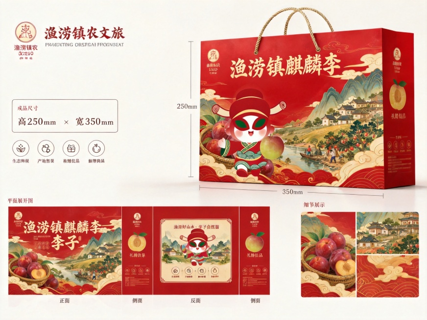 将手提礼盒包装的大标题文字修改为“渔涝镇麒麟李”，将原来所有logo替换为新提供的渔涝镇农文旅logo，在包装正面添加红色IP形象，让IP手持一颗麒麟李与产品产生互动，保留现有红色国潮风格、尺寸和布局预览效果