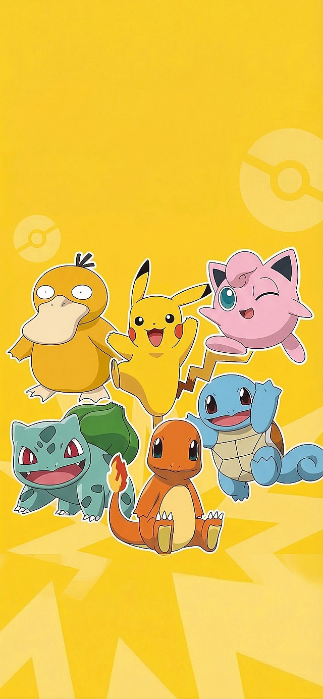 去除图片中的所有文字文案，保持原有宝可梦角色、黄色背景、精灵球及闪电图案等所有其他元素完全不变，图片大小和画质保持原图一致