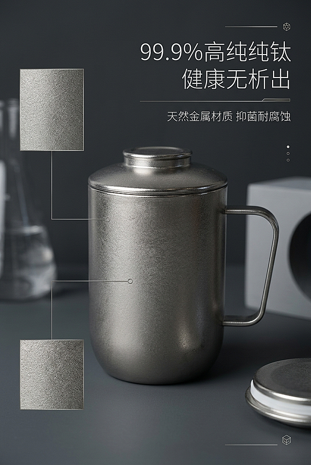 严格还原上传的纯钛泡茶杯产品图，包括包装设计、颜色、LOGO 位置、文字内容、图案元素等所有细节，去掉无关的背景杂物或者手，产品实际尺寸：口径 8cm、高度 10.8cm、容量 450ML，产品实物尺寸比例保持 1:1，天猫高端轻奢详情页格调，整体简约统一高级质感，简约轻奢哑光质感风，浅炭灰低饱和背景，右对齐强调排版，画面左侧特写杯身钛结晶肌理微距细节，右侧分栏文字排版，主标题右上居中："99.9% 高纯纯钛 健康无析出"，副标题："天然金属材质 抑菌耐腐蚀"，标题无衬线极简细体 + 细体留白文字效果，搭配细微钛金属线条做点缀，极简几何元素装饰，轻奢实验室极简布景，8K 微距产品摄影，光影细腻突出金属肌理，天猫健康水杯高端详情风格，不要出现手部出镜、花哨图案、彩色涂鸦、廉价背景、产品残缺、多余水印、夸张特效、浓烈色彩、卡通配图