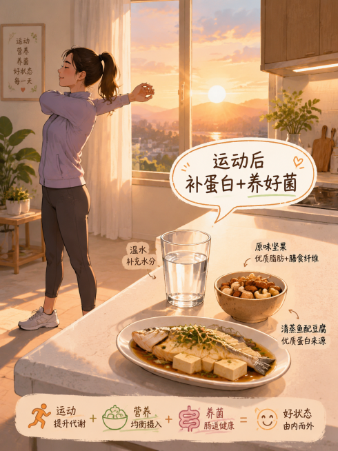 一幅生活场景插画，画面左侧一个人刚完成快走，正在拉伸放松；画面右侧厨房操作台上摆放着一杯温水、一小碗原味坚果、一块清蒸鱼配豆腐（优质蛋白来源），旁边标注文字泡“运动后补蛋白+养好菌”。窗外晚霞暖光洒入预览效果