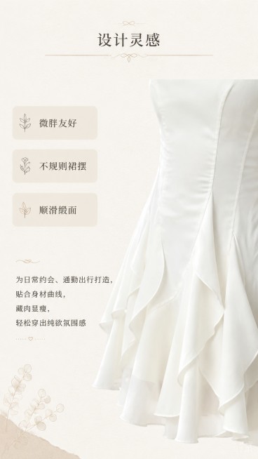 [第2屏] 设计理念灵感页，白色收腰V领吊带不规则荷叶摆连衣裙，本屏使用【图1】提取商品主体细节，【图3】提取模特肤色。[标题版式] 居中细标题，关键词卡片点缀，左侧文字右侧氛围图留白。[氛围/风格]预览效果