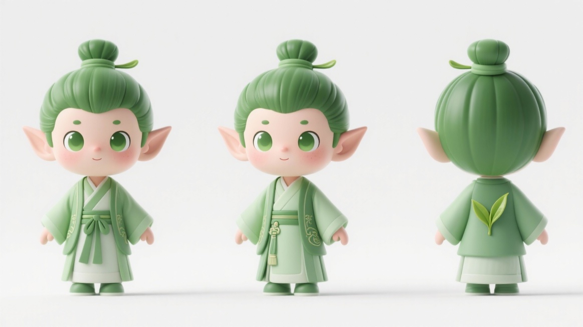 绿茶茶叶吉祥物，绿色男孩精灵族，古风 ，三岁左右 全身 白色背景 更加清晰  古代发型预览效果