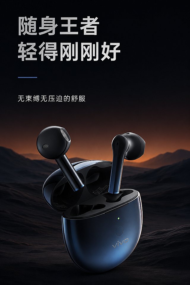将图2中vivo蓝牙耳机的背景替换为图1的风格，保留耳机产品外观、结构、品牌logo和所有文字内容不变，背景使用深色渐变+远山山脉剪影，顶部深色到地平线橙棕色渐变，保持整体科技感和氛围感，保留原文字"随身王者 轻得刚刚好" "无束缚无压迫的舒服"，排版位置和字体颜色保持和原图一致，保持耳机产品外观、形状、颜色、品牌logo和原图完全一致，不要改变产品结构。光影：使用柔和的侧光，突出耳机产品轮廓，产品质感保持 glossy 陶瓷质感，画面高清，2k分辨率，文字清晰不变形，背景自然过渡。负向提示词：产品变形，文字错乱，logo改变，背景杂乱，低清晰度