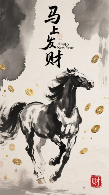 中国水墨画风格，一匹奔腾的骏马，马身由浓淡不一的墨迹构成，墨迹中巧妙融入飞舞的古代铜钱与金箔，金光闪烁。背景是晕染的宣纸纹理，右下角盖有朱红色“财”字印章，印章古朴典雅。画面整体采用竖版构图，运用留白预览效果