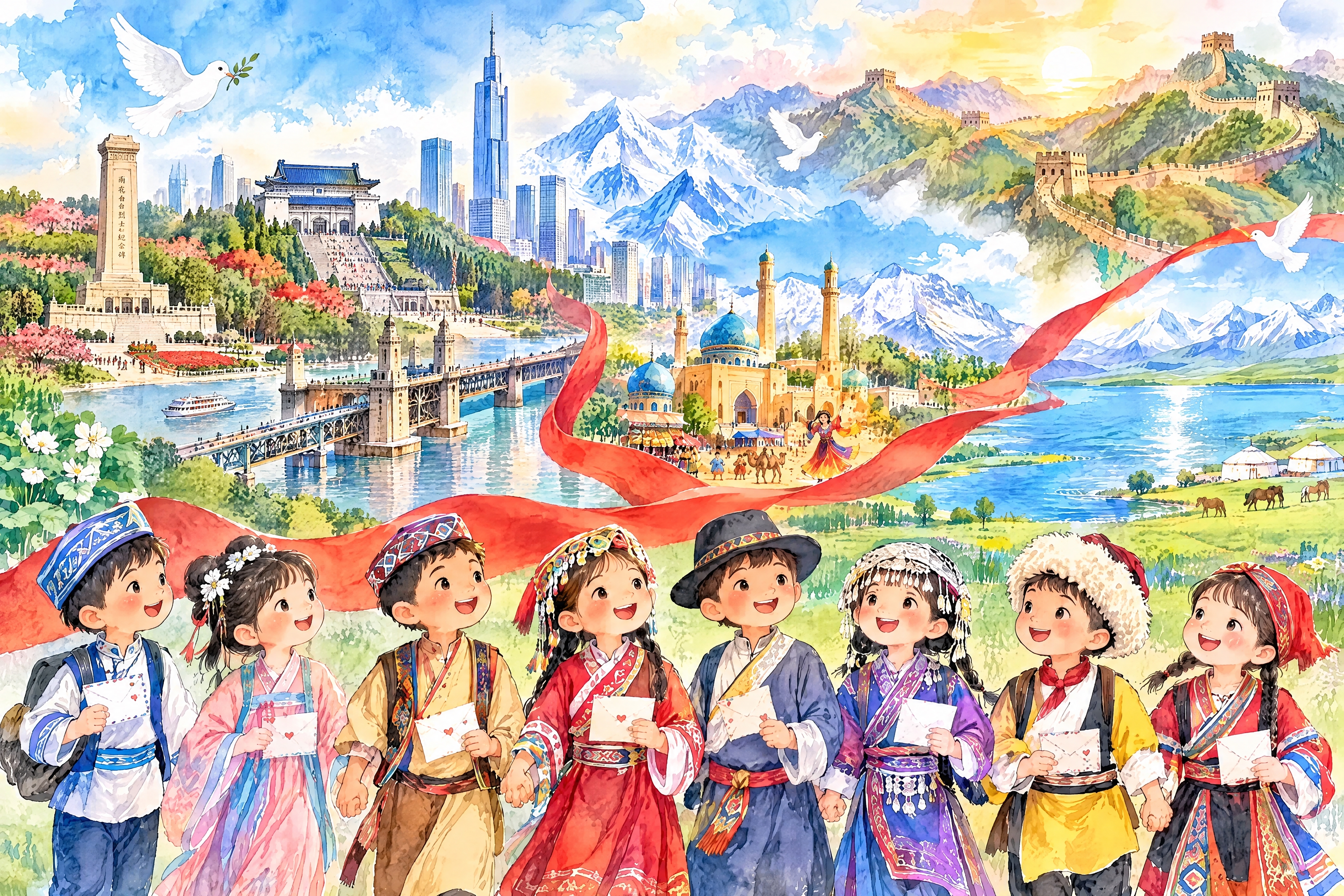 将画面左侧的江南水乡和现代城市天际线替换为南京的标志性景观：中… - 图片创意预览