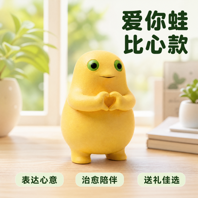 [第4屏] 爱你蛙单款特写种草。本屏使用图1作为主体手办，保持比心造型、奶黄色、绿色大眼睛完全一致不变形。
[氛围/风格] 自然治愈场景种草风，柔和自然光线，清新氛围感商业摄影。
[元素布局] 爱你蛙预览效果