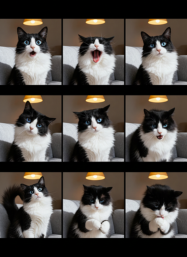拟人风猫咪九宫格，可爱温馨，趣味表情，实景感强，毛发生长自然。