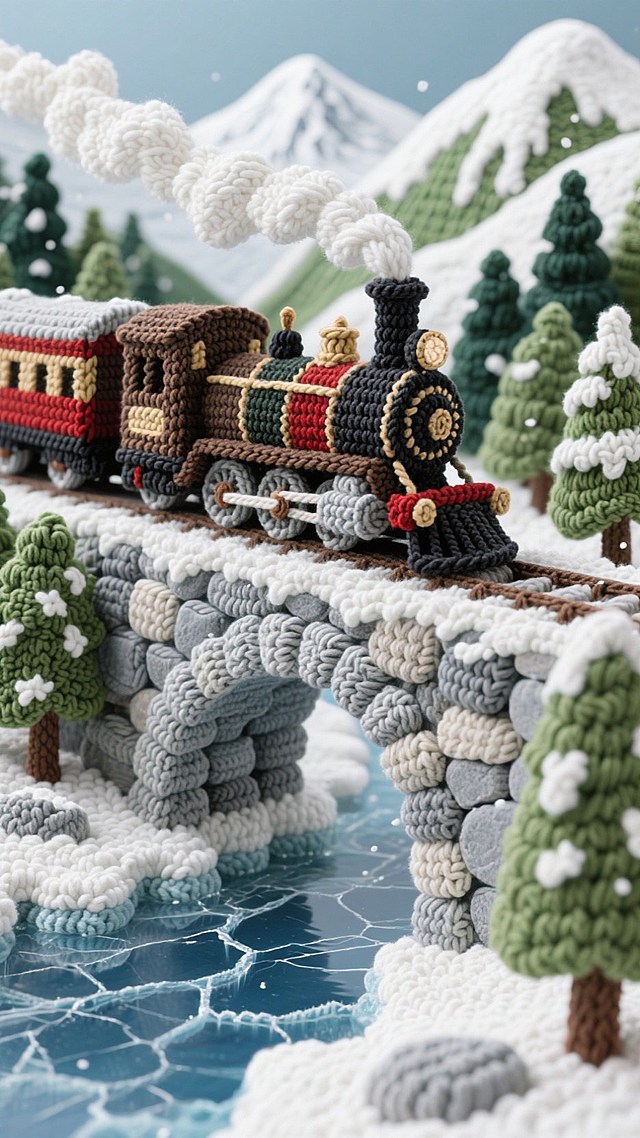 古老的蒸汽火车列车行驶在石拱桥上，雪山背景，绿色山林覆盖着雪，结冰的河