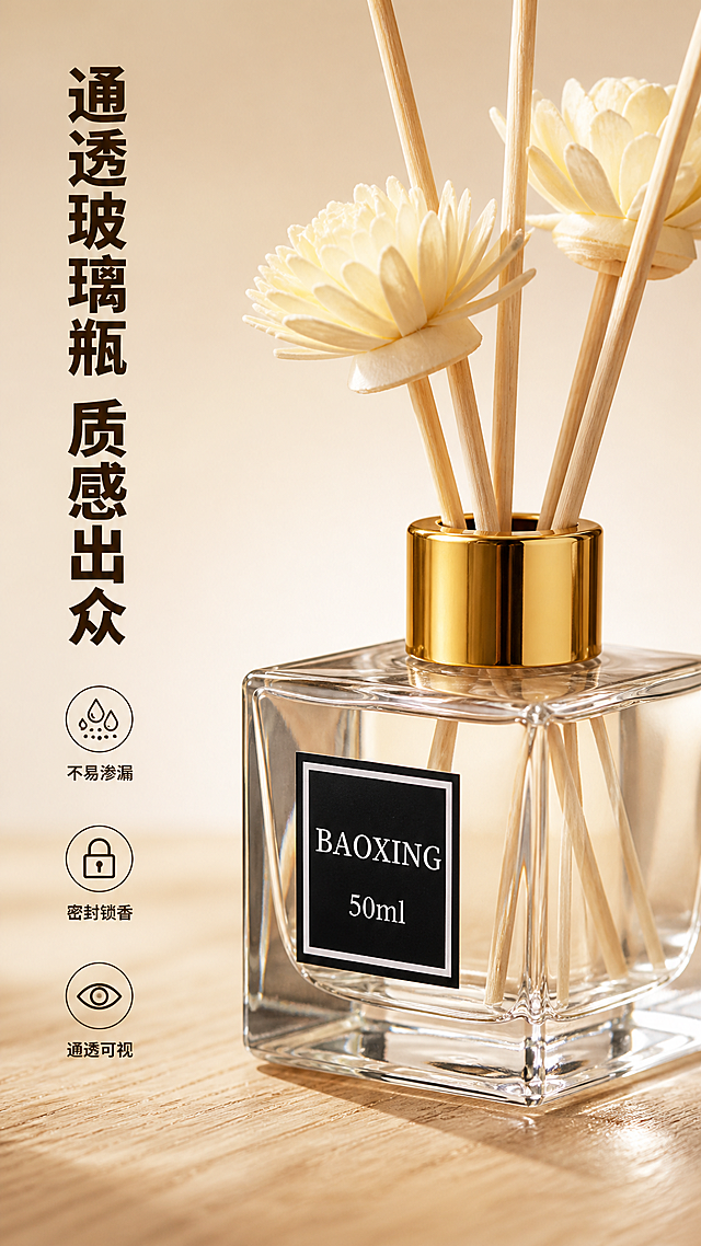 [第2屏] 无火香薰瓶身细节特写屏。
[氛围/风格] 微距质感，高级通透，干净简洁，突出产品材质细节。
[元素布局] 保持原产品方形切面玻璃瓶、金色旋盖、黑色品牌标签文字的结构和颜色一致，对瓶身和瓶口做特写放大。瓶身占据画面中心70%区域，展示玻璃通透质感、方形切面轮廓、金色瓶盖的金属光泽，瓶内藤条和干花局部露出。背景用浅暖米色渐变，底部加一层柔焦原木纹理，增加层次。整体无边框满铺。
[光影质感] 侧光打亮玻璃切面，形成清晰高光棱线，金色瓶盖反光自然，黑色标签文字清晰可辨，整体通透干净，质感突出。
[配色色系] 全局底色：#F8F3E9；主体配色：透明玻璃+金色金属+米白色干花+黑色标签；辅助色：#E0D2BD原木纹理。
[视角构图] 斜侧微距特写，聚焦瓶身上半部分，景深较浅，背景虚化突出瓶身细节。
[文字版式] 左侧竖排主标题「通透玻璃瓶 质感出众」，深棕色粗体，右侧留白突出产品。标题下方三个小点卖点竖排：「不易渗漏」「密封锁香」「通透可视」，每个卖点搭配一个小圆形图标，深棕色字，字号适中。
[比例分辨率] 9:16竖版比例，2k分辨率，文字清晰可辨，超高清。
[负向提示词] 瓶身变形，瓶盖错位，标签文字模糊，结构错误，水印，背景杂乱