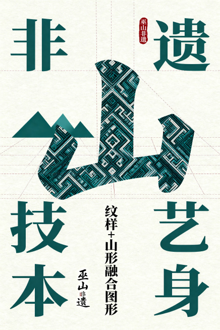 高端文创海报，主题是中国重庆巫山地区非物质文化遗产，整体风格为现代设计感的新中式视觉，强调"非遗技艺本身"为视觉核心。画面采用"抽象重构"手法，将土家族织锦纹样、传统刺绣图案进行放大、解构与重组，形成预览效果