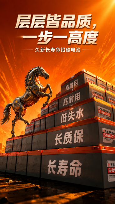 一张极具视觉冲击力的商业海报，呈现出「工业纪念碑」般的史诗感。背景颜色橙色系，橙色渐变背景，隐约有能量放射线和粉尘细闪，突出主体。画面核心是由电池组成的4.5级侧面视角的宽阔阶梯，每一级均由许多「久新预览效果