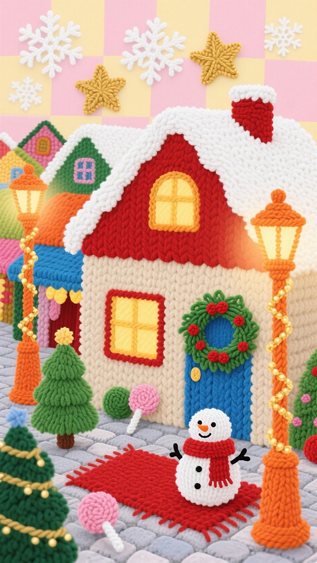 毛发生长风与刺绣风结合的3D插画，呈现梦幻温馨的圣诞小镇，色彩明亮，充满可爱与喜庆感。