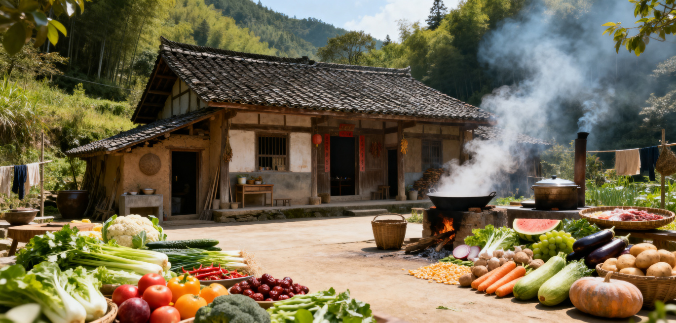 山野风农村农舍场景，青瓦老房子前院堆着新鲜蔬果食材，农家炊烟袅袅，充满生活烟火气，适合餐饮饭店使用，突出新鲜食材从乡村直达餐桌，高清写实风格预览效果