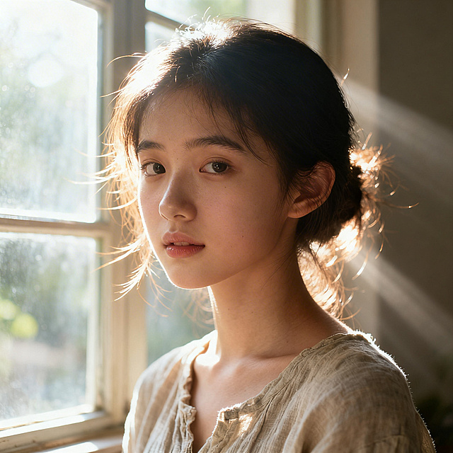 超写实人像，清新少女，棉麻上衣，窗边逆光，发丝光自然，画面真实治愈