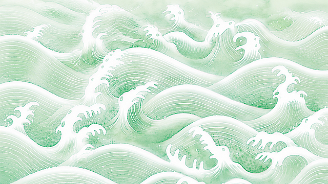 保留原图内容和风格：绿色水浪插画，只保留水浪，改成16:9的比例