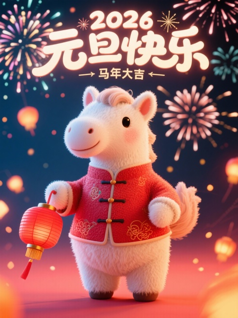 生成一张元旦贺岁图，图中的文字是第一行“2026”第二行“元旦快乐”第三行“马年大吉”。图片背景是一个毛绒卡通的白色小马，马穿着中山装，提着红灯笼。背景有烟花，图片比例是3:4,预览效果