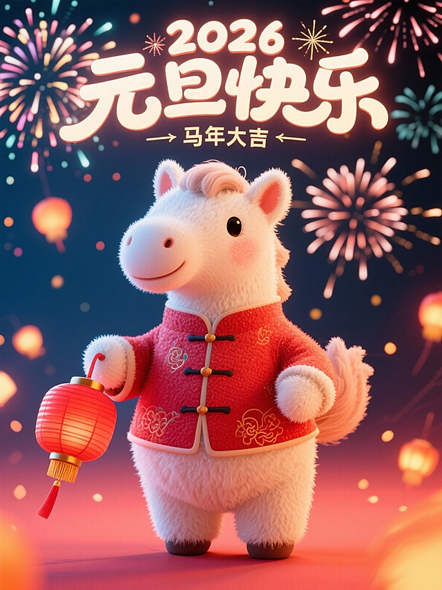 软3D风格萌马拟人，毛发生长质感，穿红唐装提灯笼，烟花绽放背景，喜庆卡通风，元旦节日氛围浓厚。