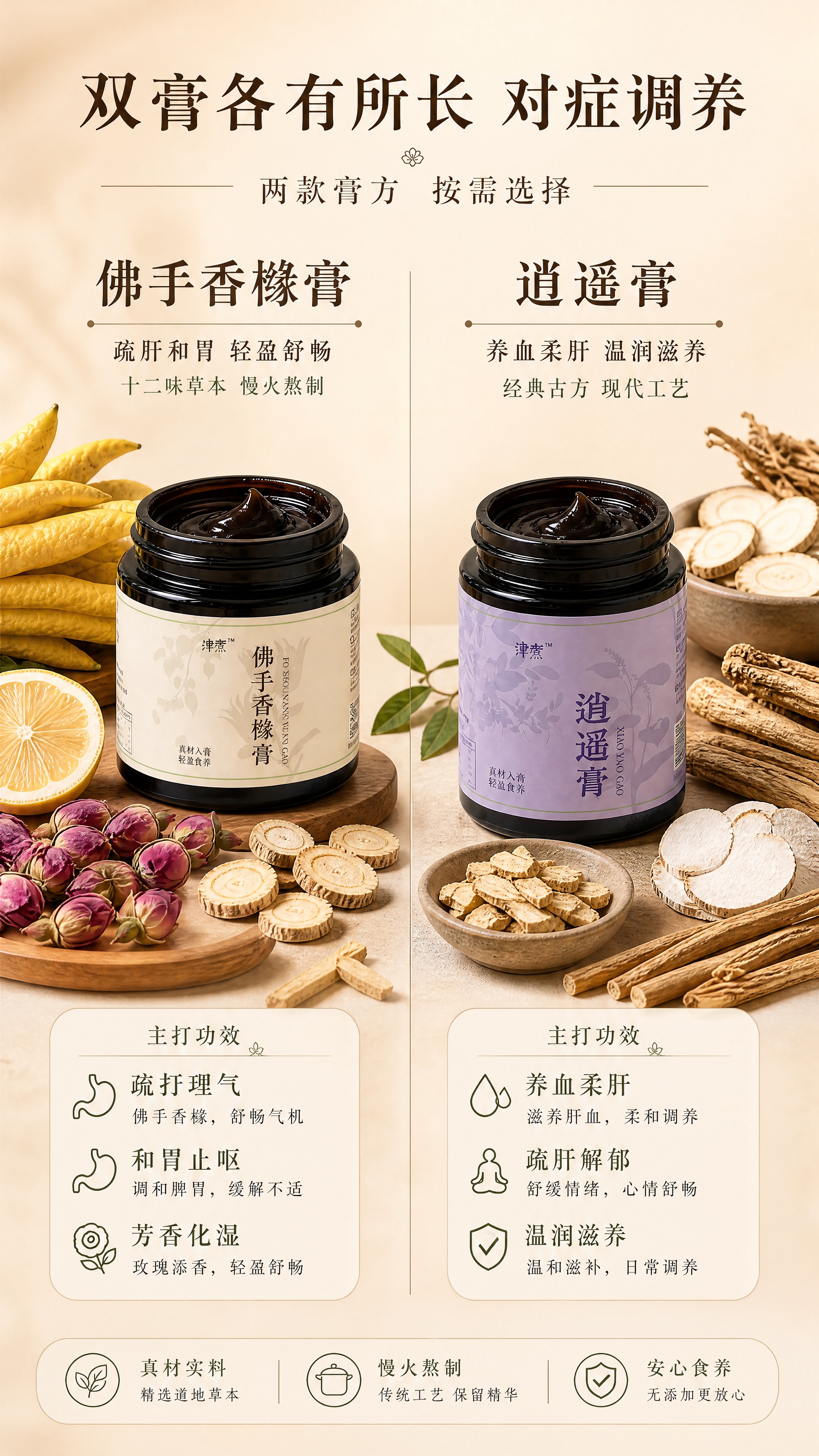 [商品] 使用【图2】双膏产品图；左侧保留佛手香橼膏（米白瓶身… - 图片创意预览