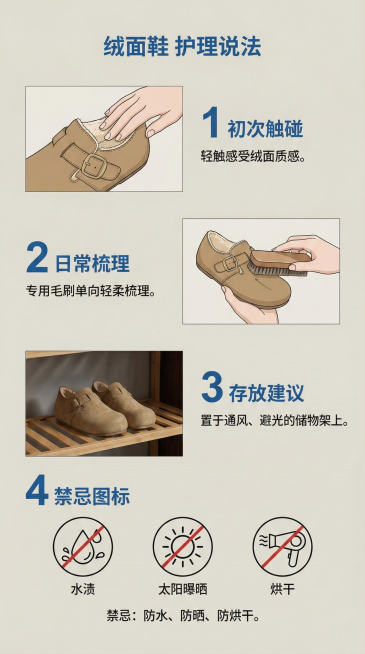 视觉：图文步骤式信息图，风格类似用户手册。

内容：

初次触碰：图示如何用手感受内里绒感。

日常梳理：用专用毛刷（画面中作为道具出现）单向轻柔梳理绒面。

存放建议：图示鞋子并排置于通风、避光的储预览效果