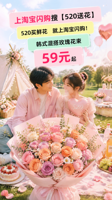 520鲜花广告宣传图，画面出现甜蜜年轻情侣，明亮马卡龙色调，520情人节浪漫氛围，ins风野餐丰富场景背景，和之前不一样的排版风格，文案使用彩色半透明标签背景形式呈现，画面正上方放置文案，文案分为五行预览效果
