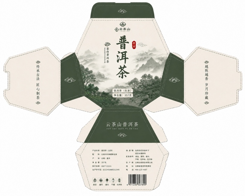 保留原图的云南普洱茶品牌文字和国潮山水图案配色，设计一个不同结构的普洱茶包装盒平面展开图，包装盒结构和之前生成的都不一样，包含完整的裁切线和压线结构，设计新颖预览效果