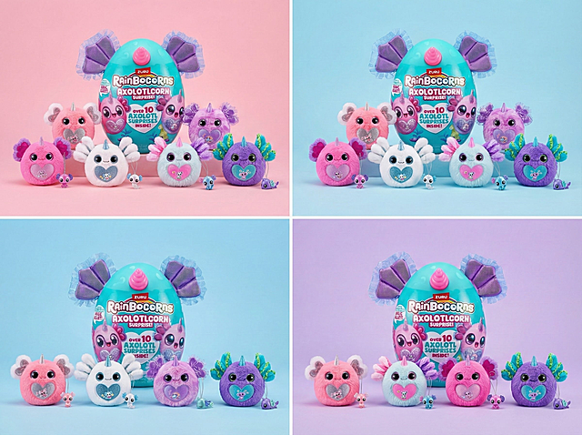 生成3张不同背景，以桌面静物展示方式。让玩偶的颜色变成鲜亮，毛绒质感细节提升，整体变新，商业拍摄氛围，纯色背景，图片生成4：3比例