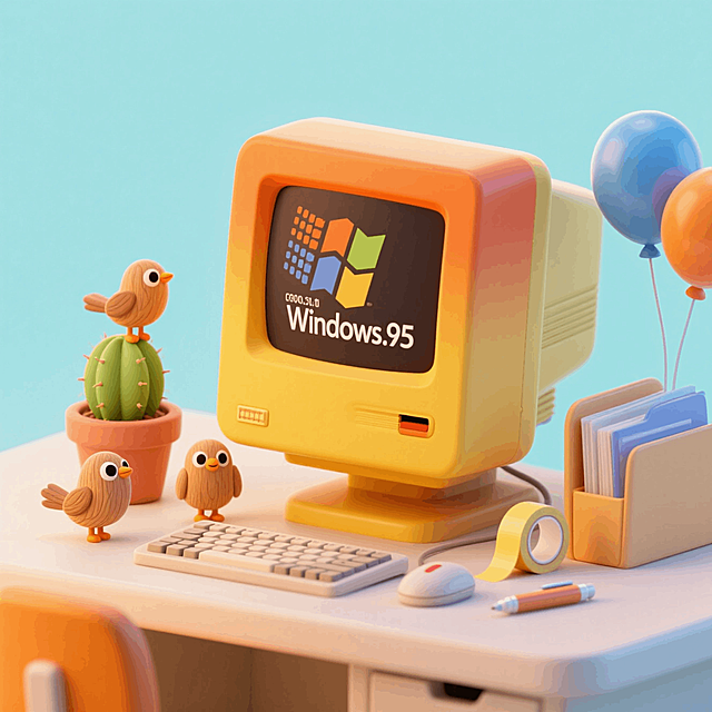 一个卡通化的复古电脑桌面场景，使用Windows95风格的计算机，鲜艳的橙黄色渐变色。加入可爱的卡通小物件，比如木头小鸟、仙人掌盆栽、复古的键盘、鼠标、胶带、气球、笔、文件夹等。撞色，背景为浅色调。