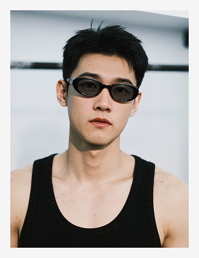 一个帅哥，黑色背心，戴墨镜，健身房背景