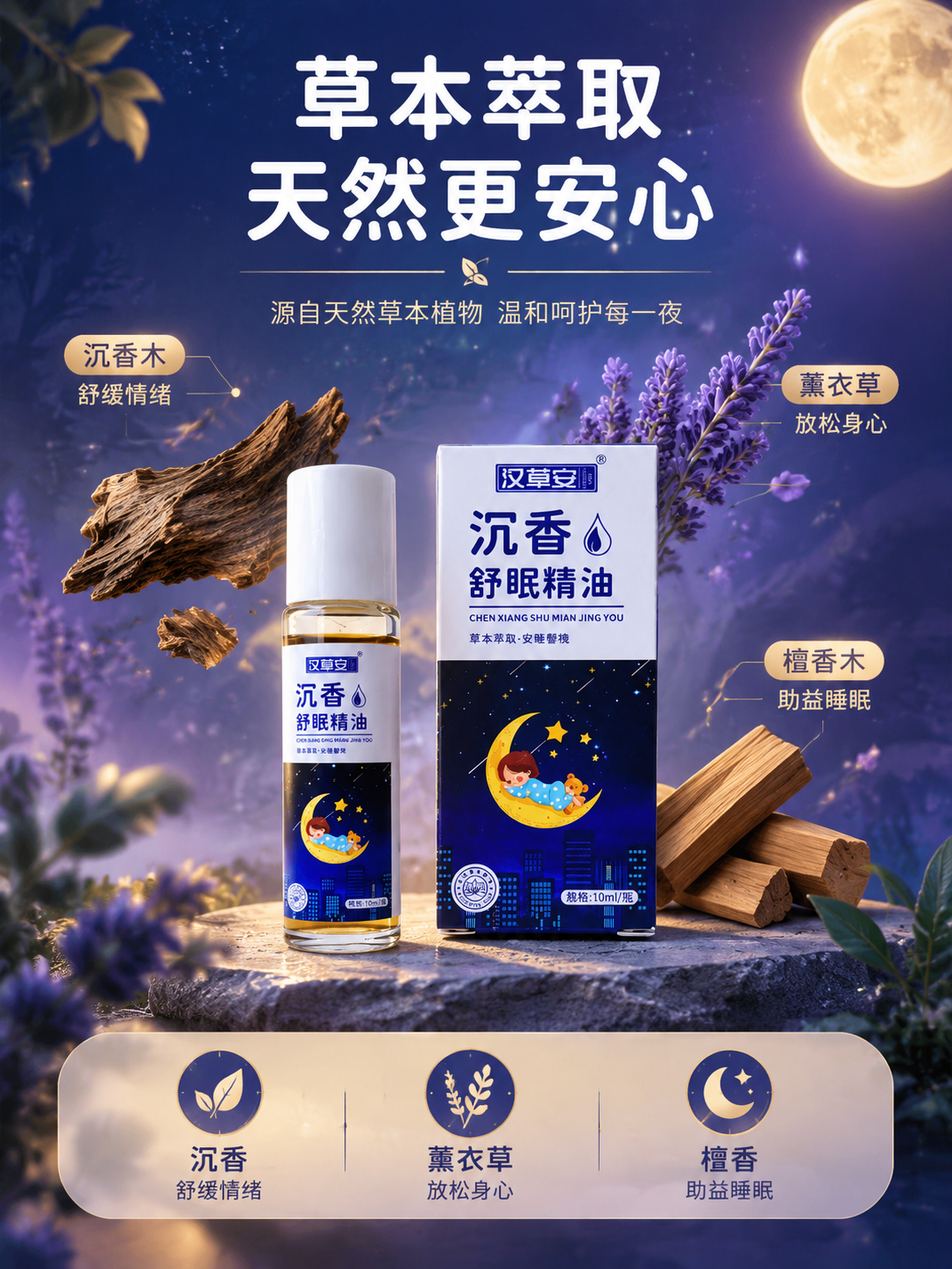 [主图-2] 沉香舒眠精油核心成分与卖点解析图，主题为草本植萃… - 图片创意预览