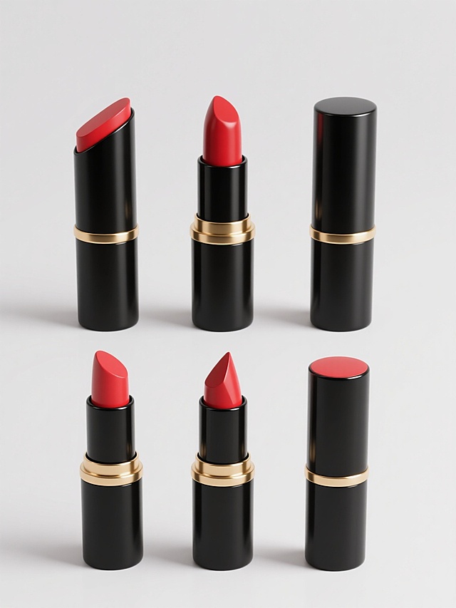 6个造型各异的同系列口红产品集合，每个口红均保持黑色哑光圆柱形外壳与金色金属圈装饰的统一设计语言，口红膏体为鲜艳正红色并展现不同造型（如斜切面、圆顶、棱角分明、微弧面、尖锥形、扁平切面），采用纯白色纯色背景，保持3D渲染的光滑质感与清晰光影（柔和顶部光源，底部轻微阴影增强立体感），所有口红以规整的2x3网格排布，形成视觉协调且富有变化的系列素材集合