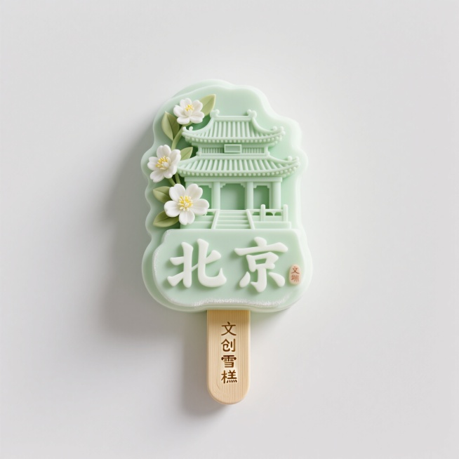 文创雪糕，画面主体为“北京”，立体古建筑、茉莉花元素装饰，浅绿色预览效果