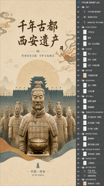 导出为可编辑的PSD格式分层文件，保留原海报的所有设计内容：文字'千年古都 西安遗产'、'传承历史文脉 守护文化瑰宝'、'中国·西安 XI'AN CHINA'，以及兵马俑、长城、飞天、祥云等所有设计元预览效果