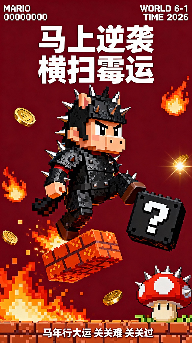 像素风融合漫画感，虚拟现实场景中库巴逆袭燃爆热血，故障风特效加持，马年主题励志海报，横扫霉运，关关难过关关过。
