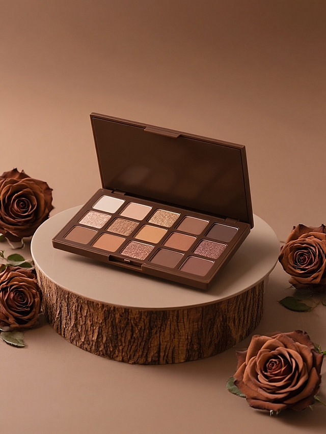 背景为低饱和暖棕渐变，产品放在一个光滑圆形木桩展台上，展台两侧搭配棕色玫瑰，柔和光影