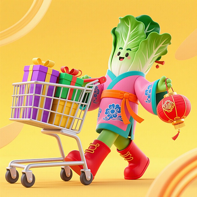 软3D风格拟人白菜穿国潮服饰，推满礼盒购物车，手提红灯笼，喜庆可爱，双11节日氛围浓厚。
