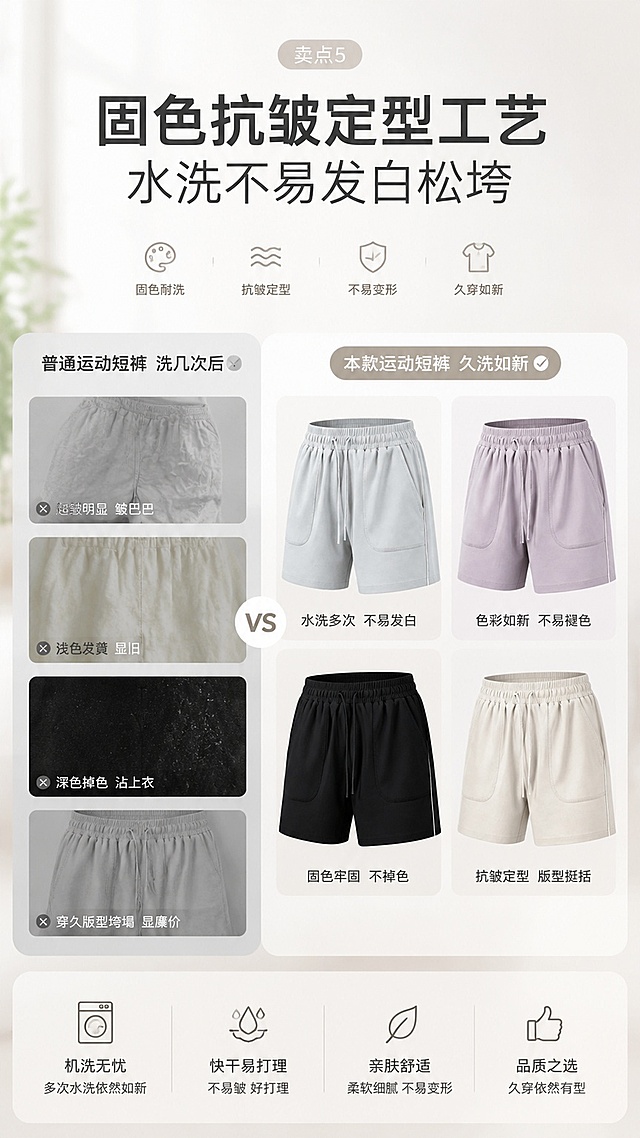 拼多多9:16竖版商品详情页第六屏，展示卖点5：固色抗皱定型工艺，水洗不易发白松垮，痛点普通运动短裤洗几次起皱、浅色发黄、深色掉色沾上衣，穿久版型垮塌显廉价，展示四个颜色成品效果对比，文案清晰"固色抗皱定型工艺 水洗不易发白松垮"，风格温柔极简城市运动风，适配手机竖屏，比例9:16