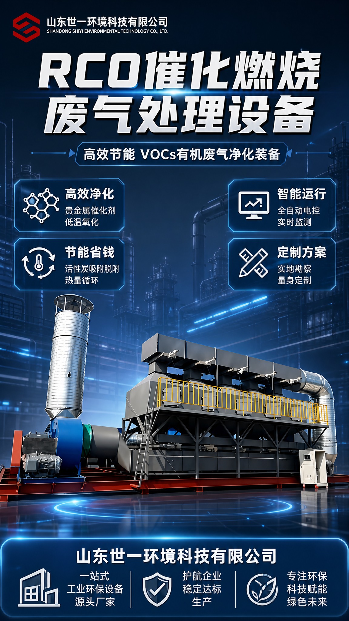 工业科技风产品宣传海报，竖版9:16。画面主体为RCO催化燃烧… - 图片创意预览