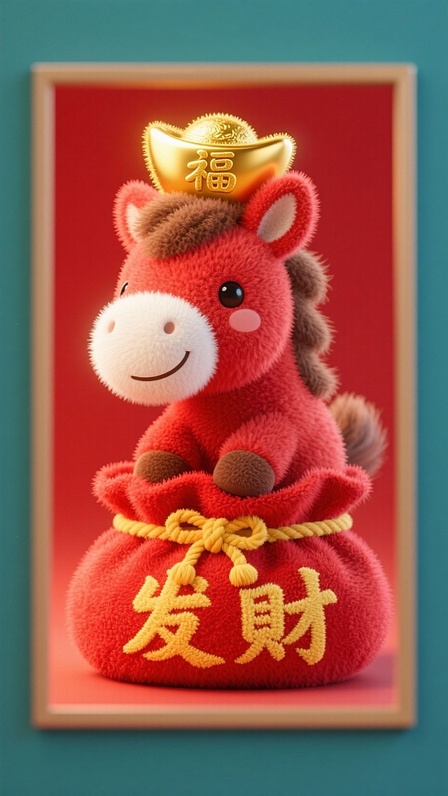 红色简单背景，正面红色小马（白色口鼻、棕色耳朵内侧与鬃毛，可爱微笑），头顶带 “福” 字的金色元宝，坐在绣有 “发财” 的红色福袋中（黄色绳结系紧），马蹄搭在袋子签前缘