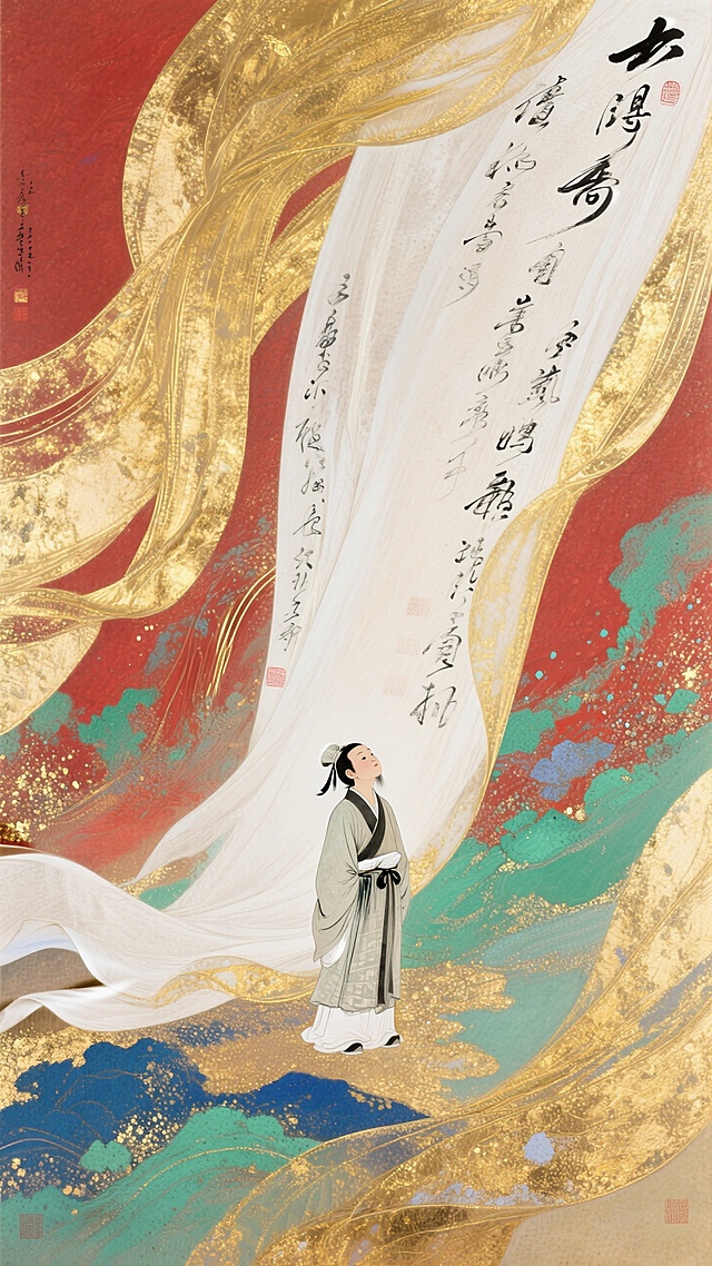 一个小小的夫子，旁边是一个学生。金色纱幔，写满毛笔字，神秘氛围，巨大的纱幔飞舞飘逸，强烈的立体感，渐变，白色，梦幻，意境。仰视，宏大场面，红绿蓝金